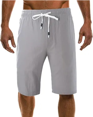 Men's Casual Cotton Linen Shorts Flat Front Trendy Drawstring Beach Shorts Lightweight Stretch Waistband Shorts with Pockets