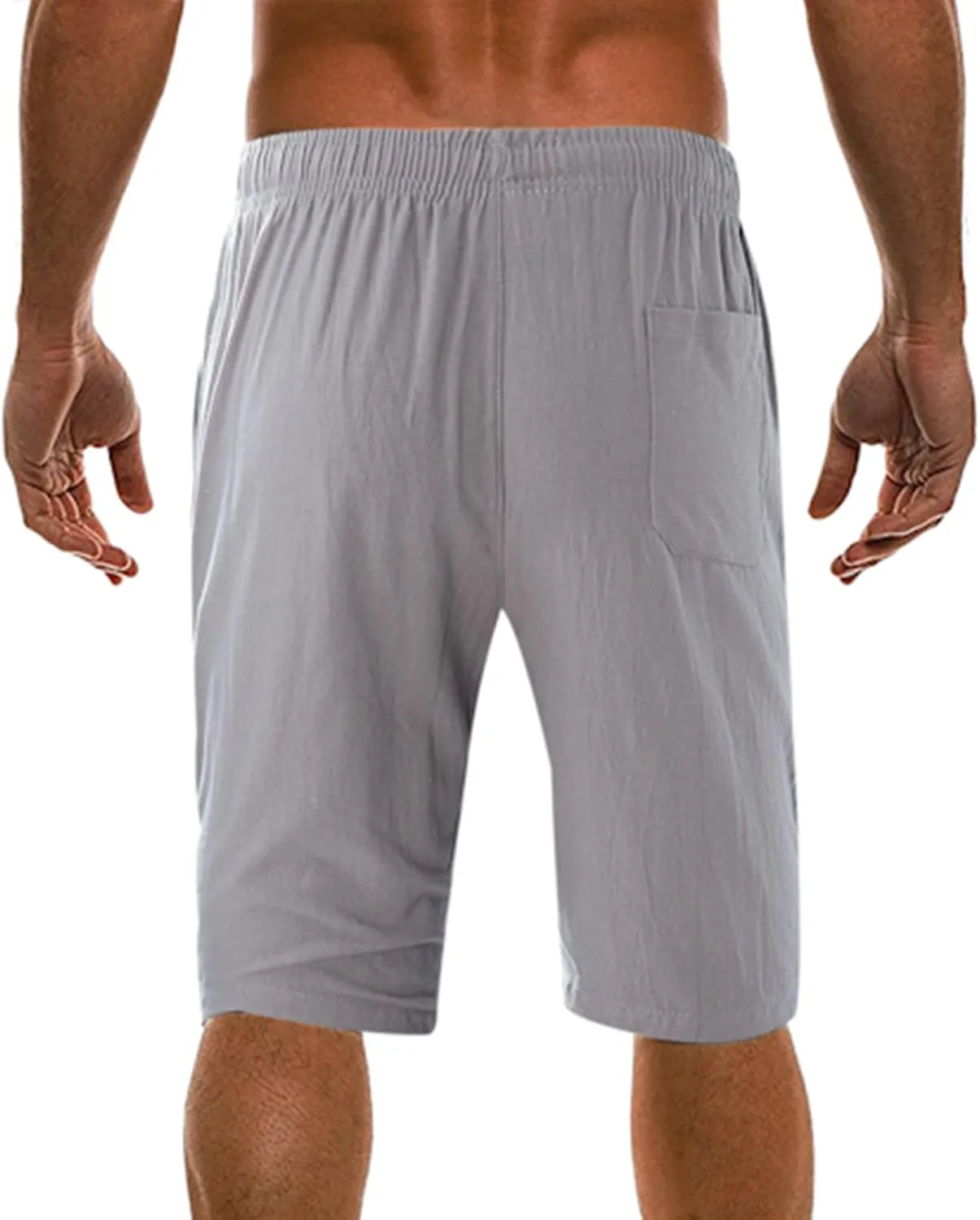 Men's Casual Cotton Linen Shorts Flat Front Trendy Drawstring Beach Shorts Lightweight Stretch Waistband Shorts with Pockets