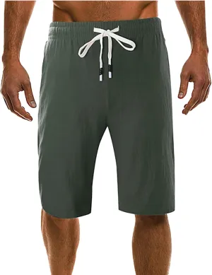 Men's Casual Cotton Linen Shorts Flat Front Trendy Drawstring Beach Shorts Lightweight Stretch Waistband Shorts with Pockets