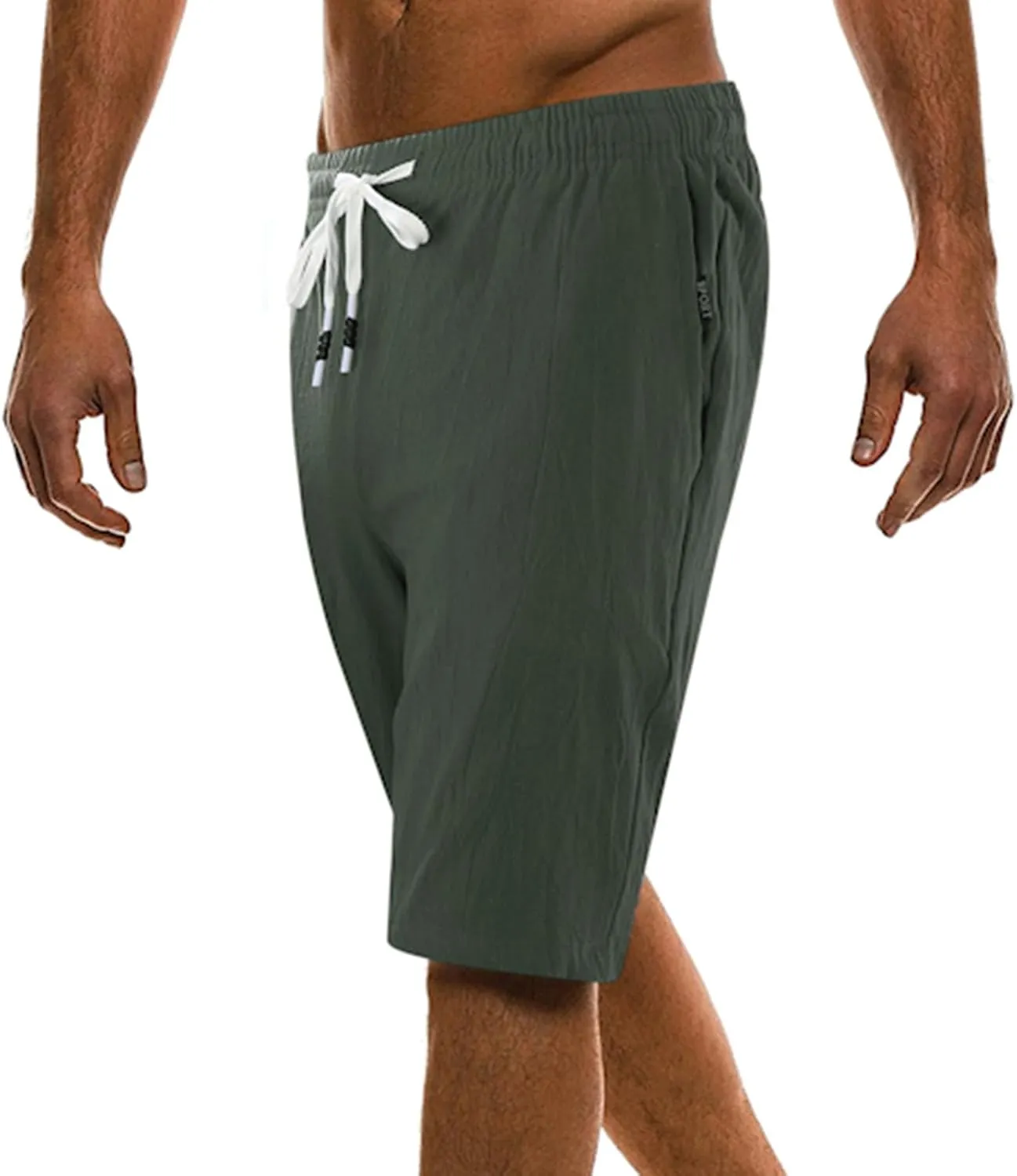 Men's Casual Cotton Linen Shorts Flat Front Trendy Drawstring Beach Shorts Lightweight Stretch Waistband Shorts with Pockets