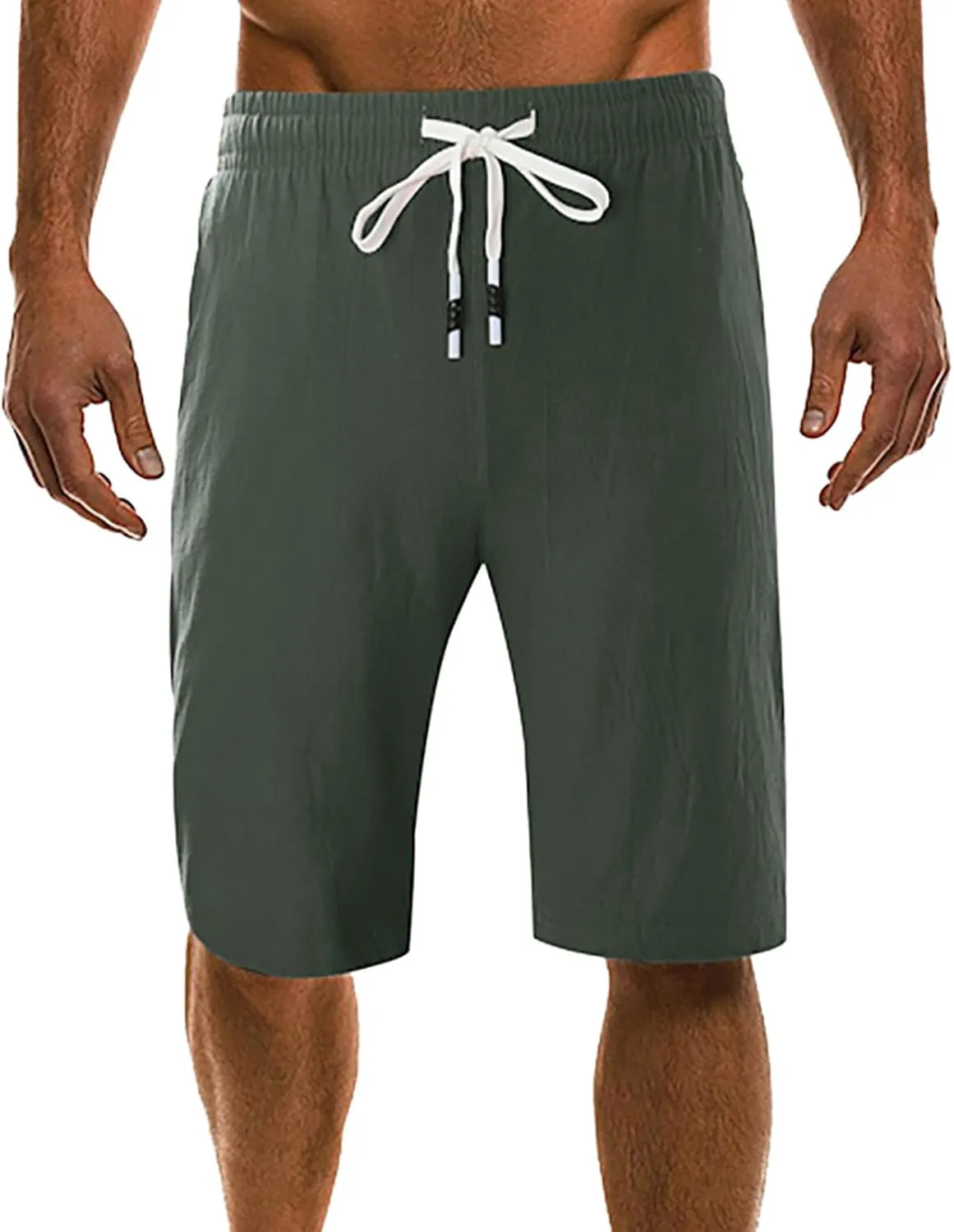Men's Casual Cotton Linen Shorts Flat Front Trendy Drawstring Beach Shorts Lightweight Stretch Waistband Shorts with Pockets