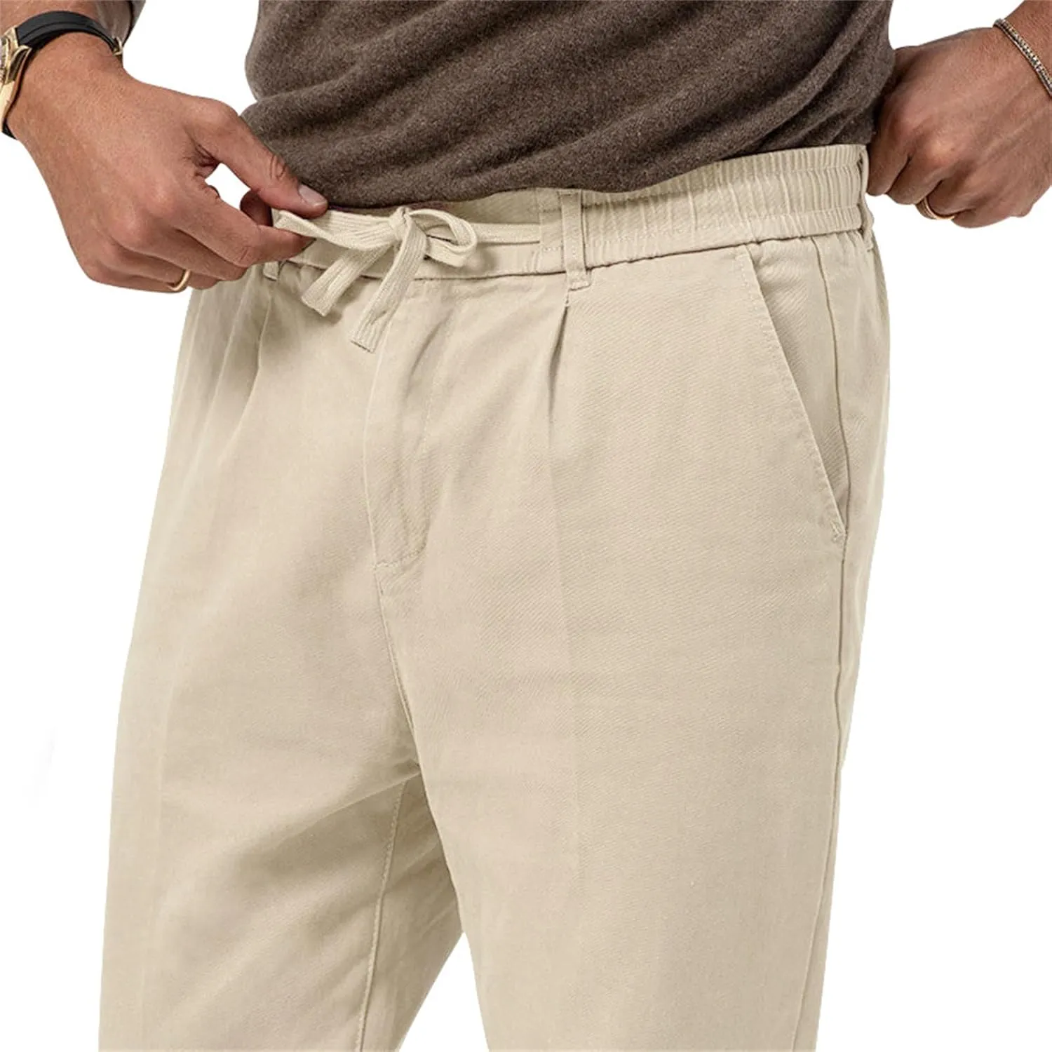 Men's Casual Dress Pants Drawstring Straight Leg Thin Pants Solid Color Business Simple Trousers for Formal Occasion