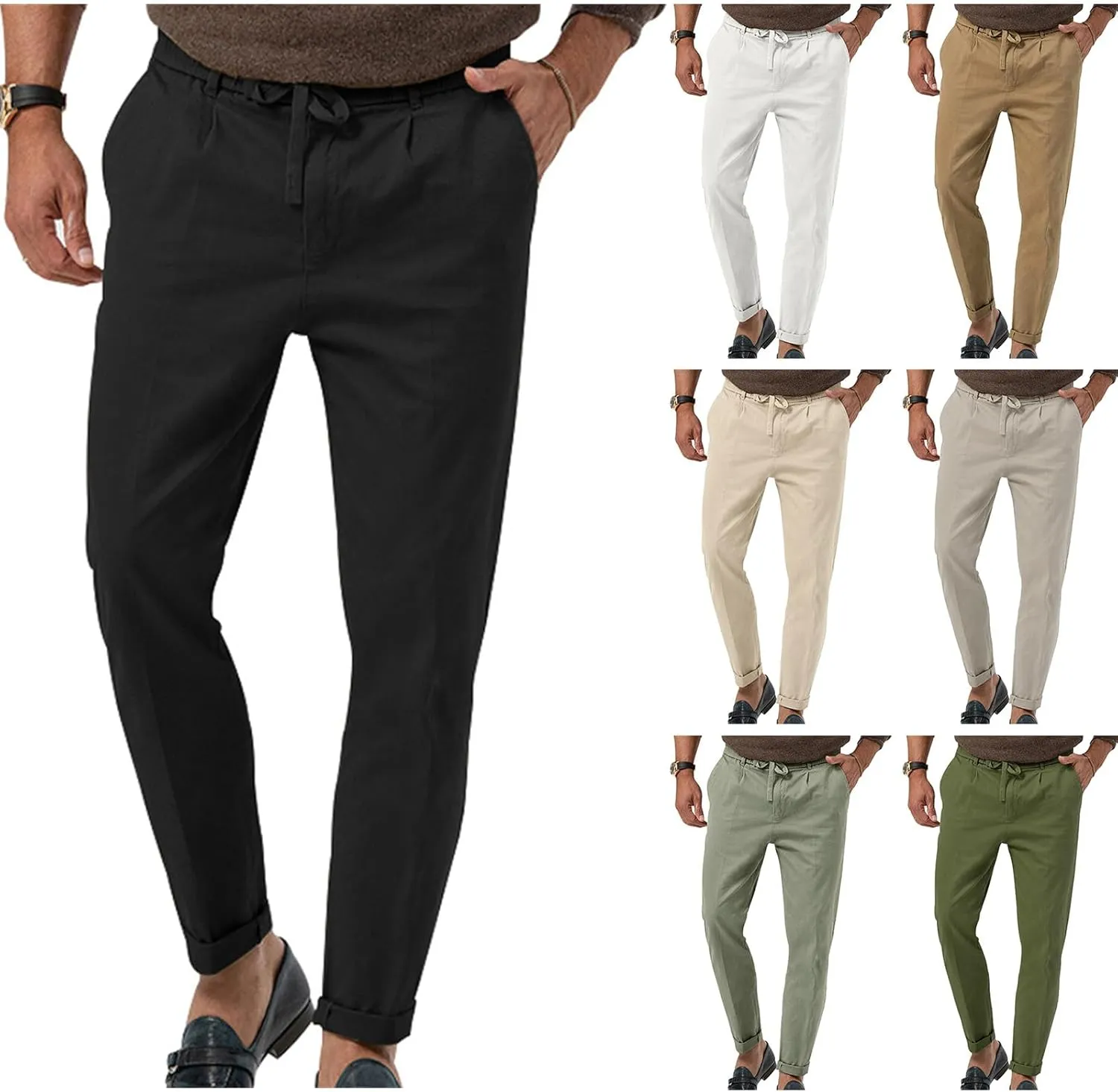 Men's Casual Dress Pants Drawstring Straight Leg Thin Pants Solid Color Business Simple Trousers for Formal Occasion