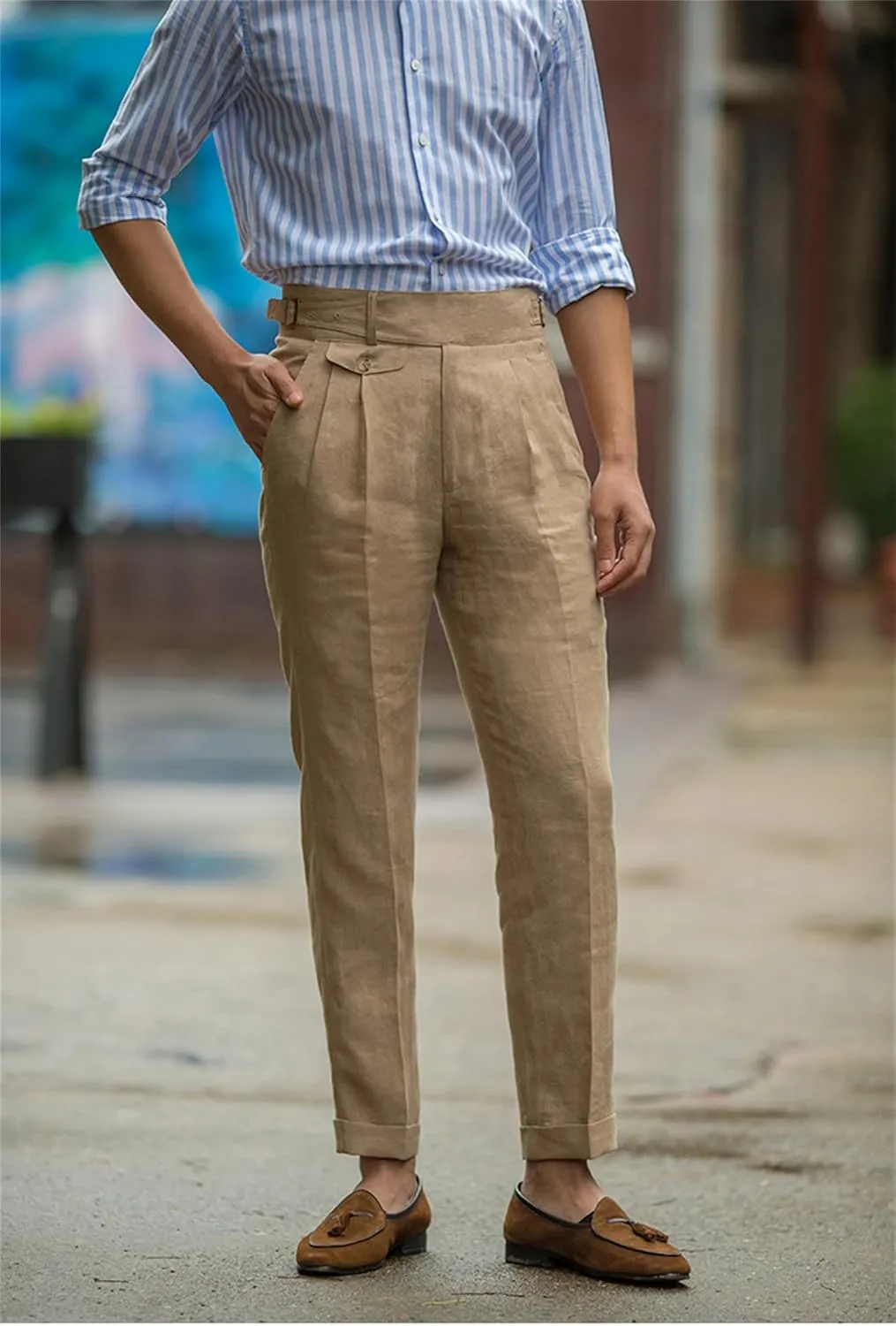 Men's Casual Linen Pant Modern Fit Hemmed Pant Summer Beach Loose Trousers