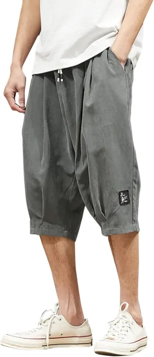 Men's Casual Shorts 3/4 Jogger Capri Pants Breathable Elastic Waist Below Knee Short Pants with Pockets Yoga Harem Pants