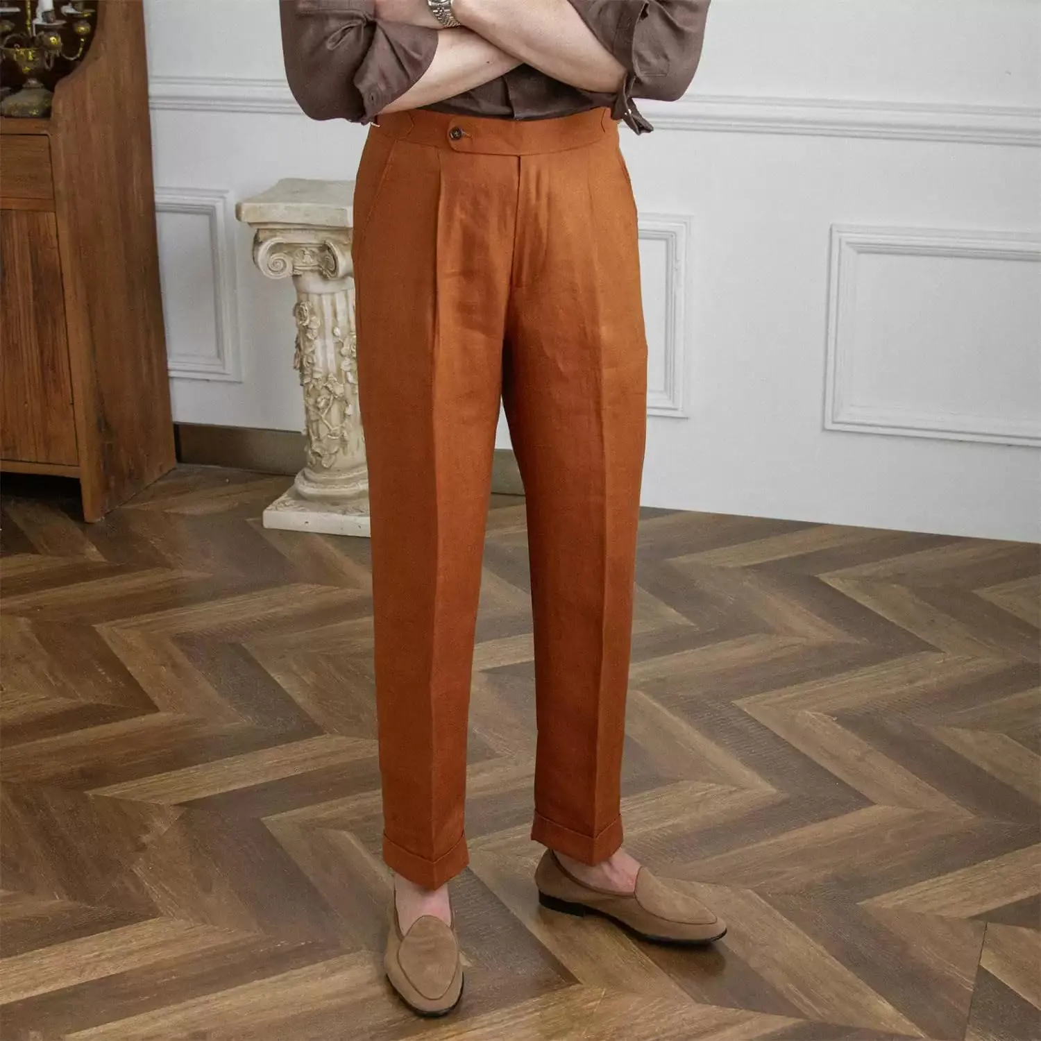 Men's Classic Pleated Dress Pants High-Waist Linen Blend Formal Business Slacks Light Breathable Casual Summer