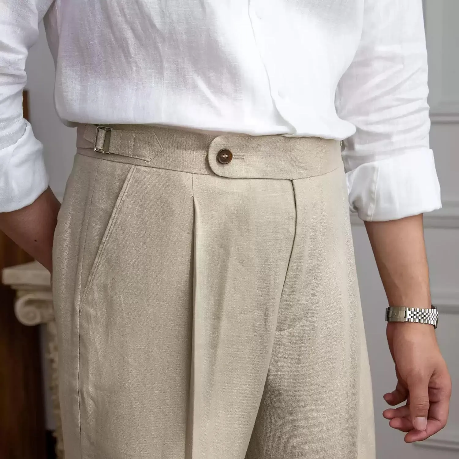 Men's Classic Pleated Dress Pants High-Waist Linen Blend Formal Business Slacks Light Breathable Casual Summer