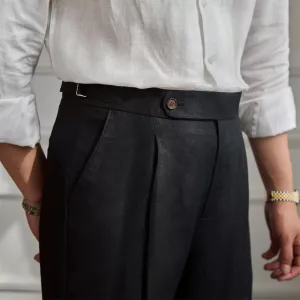 Men's Classic Pleated Dress Pants High-Waist Linen Blend Formal Business Slacks Light Breathable Casual Summer
