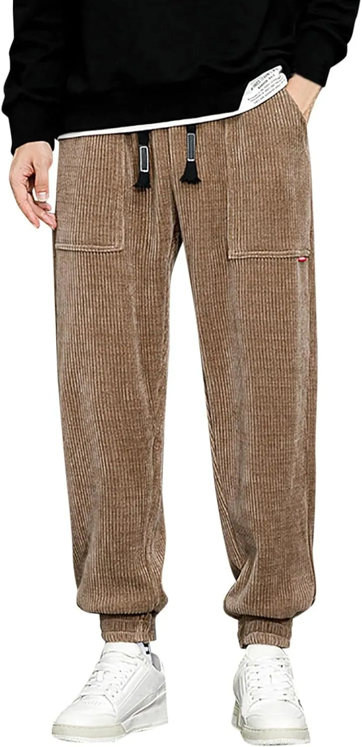 Men's Corduroy Pants Drawstring Elastic Waist Casual Tapered Trousers Fashion Streetwear Joggers Pants with Pockets