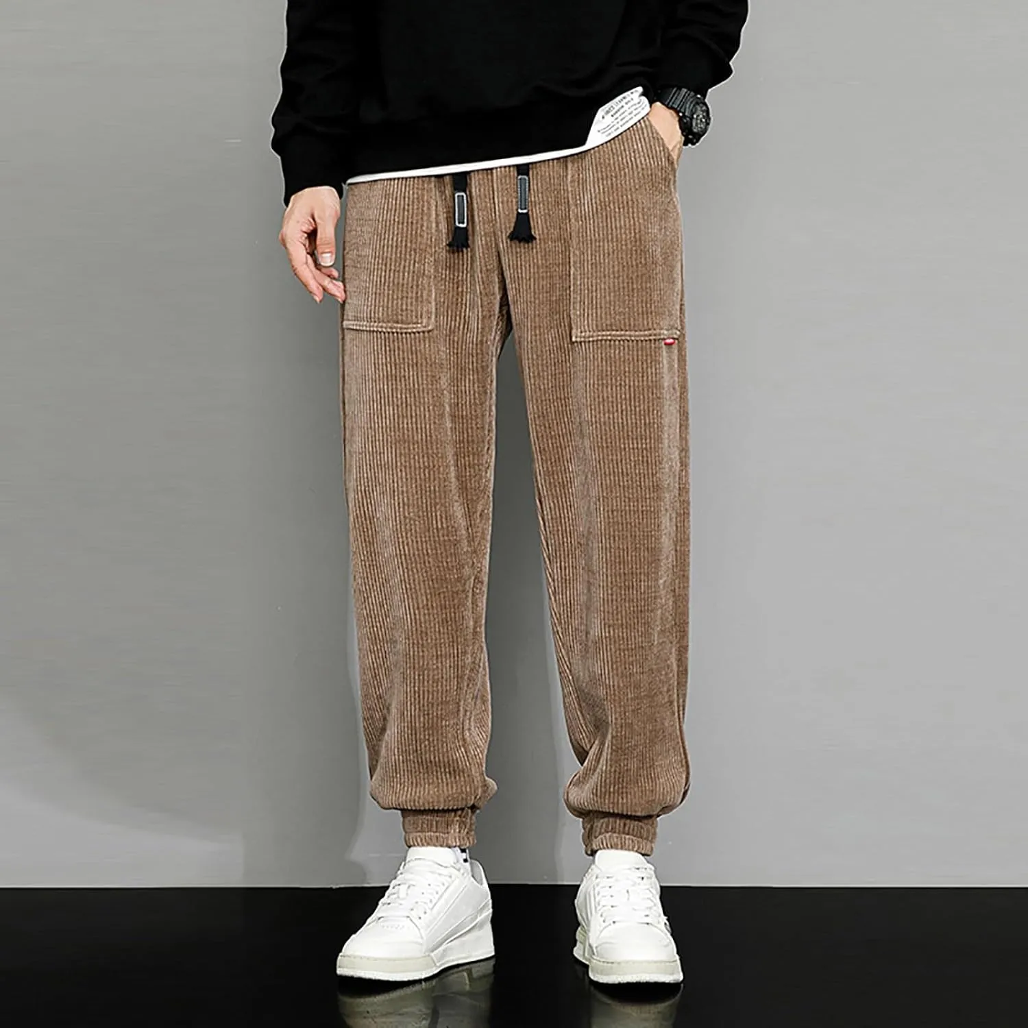 Men's Corduroy Pants Drawstring Elastic Waist Casual Tapered Trousers Fashion Streetwear Joggers Pants with Pockets