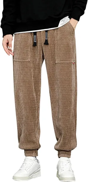 Men's Corduroy Pants Drawstring Elastic Waist Casual Tapered Trousers Fashion Streetwear Joggers Pants with Pockets