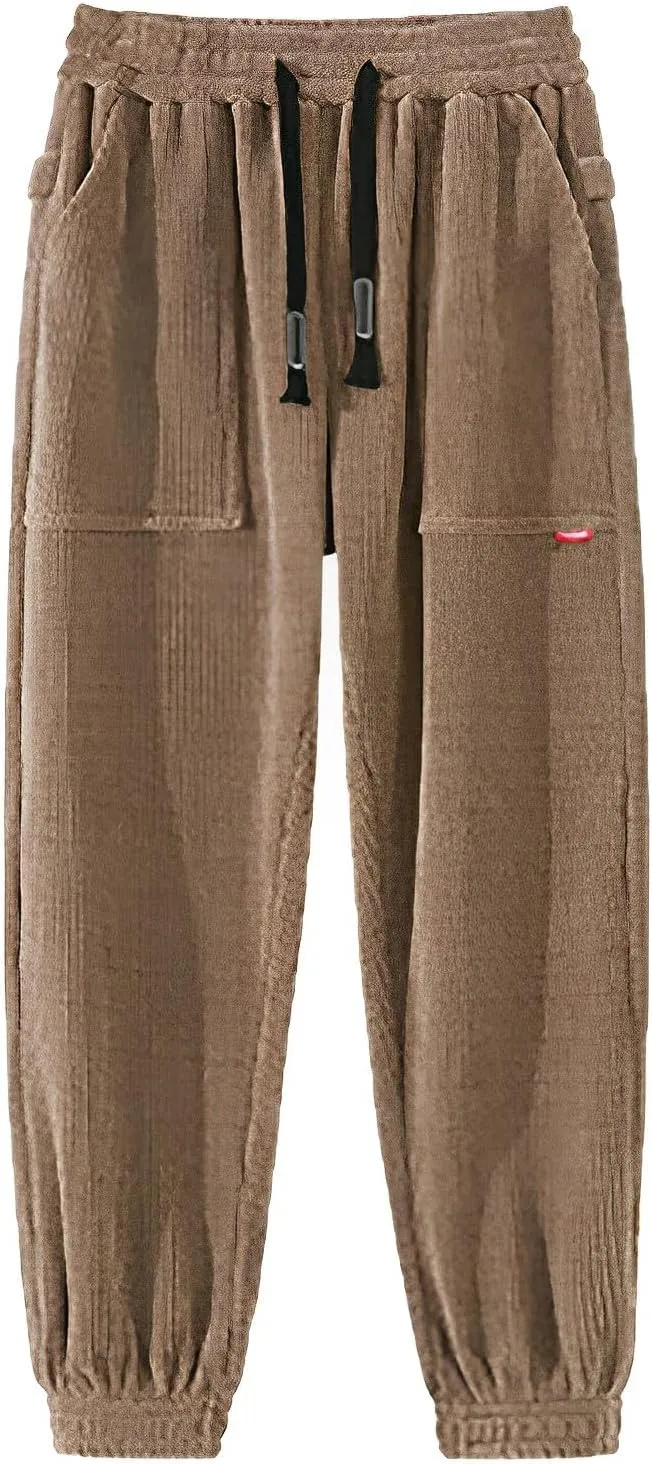 Men's Corduroy Pants Drawstring Elastic Waist Casual Tapered Trousers Fashion Streetwear Joggers Pants with Pockets