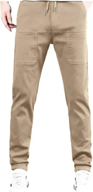 Mens Corduroy Pants Elastic Waist Drawstring Casual Loose Straight Leg Hiking Trousers Slim fit Slacks with Pockets