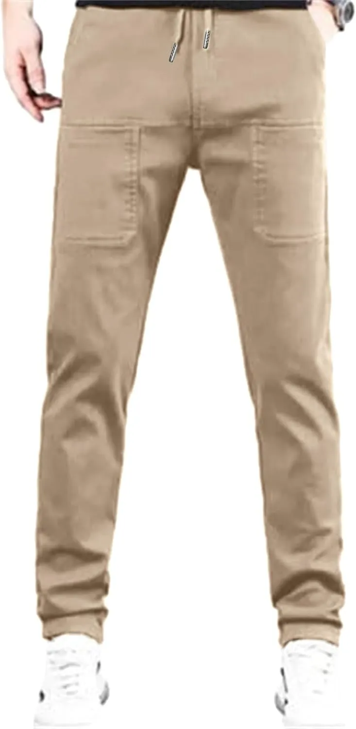 Mens Corduroy Pants Elastic Waist Drawstring Casual Loose Straight Leg Hiking Trousers Slim fit Slacks with Pockets