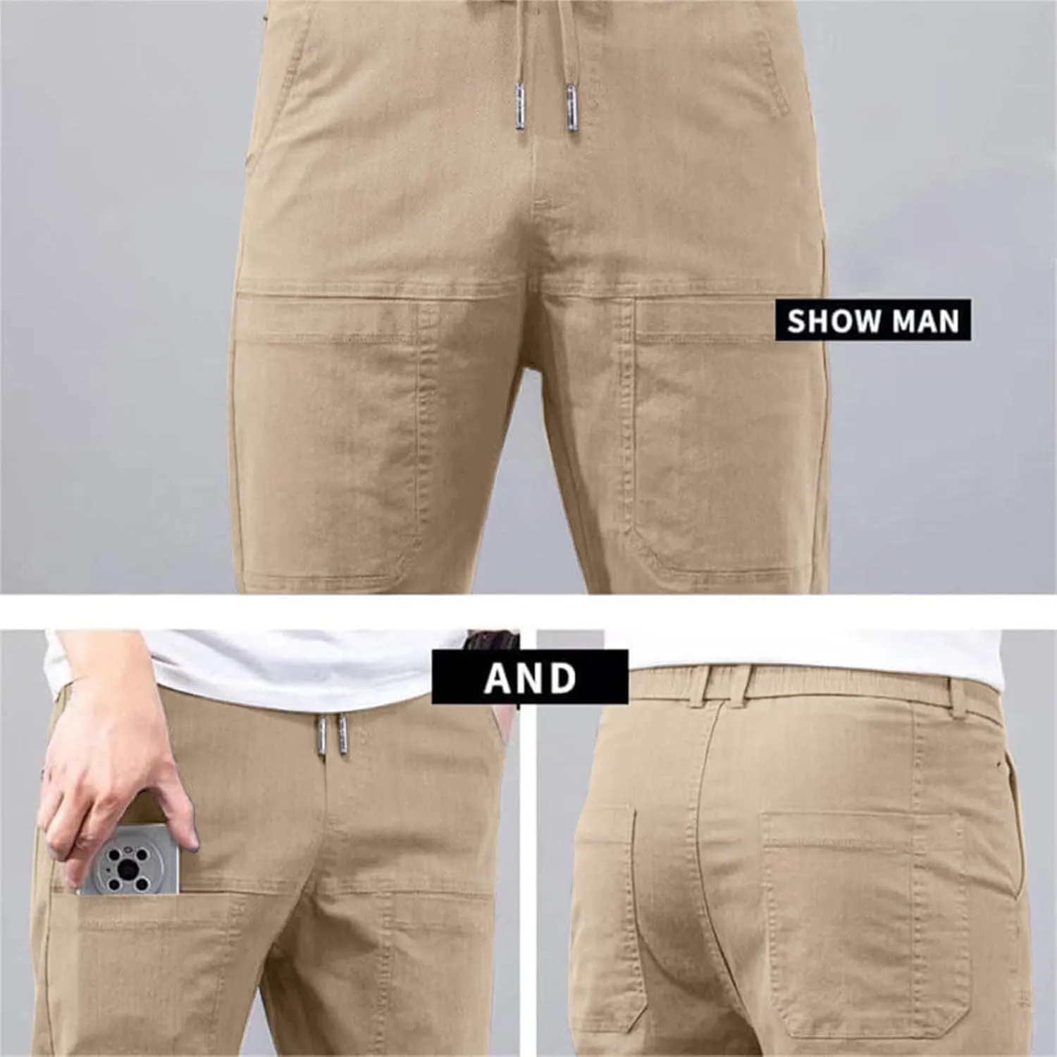 Mens Corduroy Pants Elastic Waist Drawstring Casual Loose Straight Leg Hiking Trousers Slim fit Slacks with Pockets