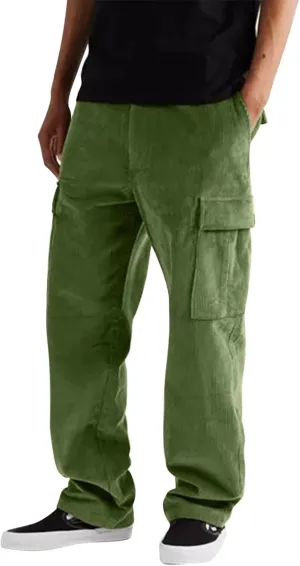 Men's Corduroy Pants Elastic Waist Drawstring Harem Pants Fashion Loose Casual Straight Long Trousers with Pockets
