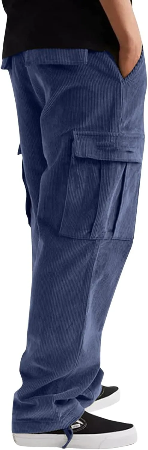 Men's Corduroy Pants Elastic Waist Drawstring Harem Pants Fashion Loose Casual Straight Long Trousers with Pockets