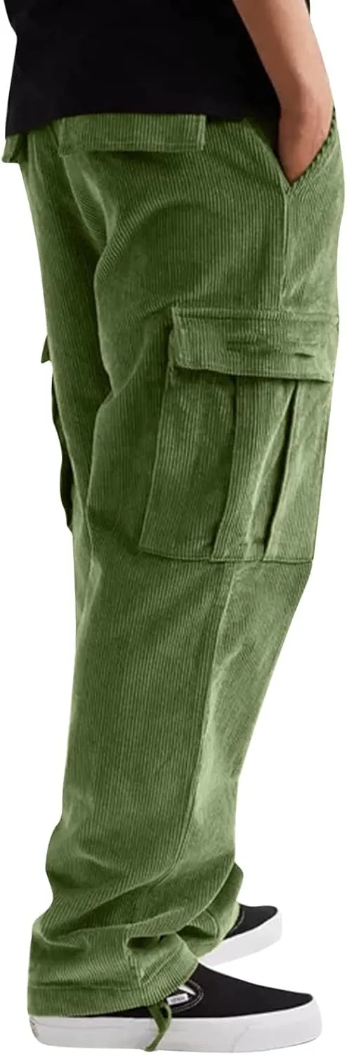 Men's Corduroy Pants Elastic Waist Drawstring Harem Pants Fashion Loose Casual Straight Long Trousers with Pockets