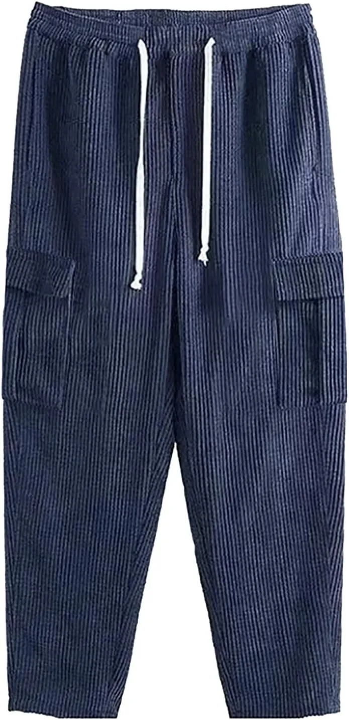 Men's Corduroy Pants Elastic Waist Drawstring Harem Pants Fashion Loose Casual Straight Long Trousers with Pockets