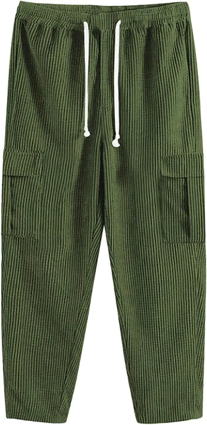 Men's Corduroy Pants Elastic Waist Drawstring Harem Pants Fashion Loose Casual Straight Long Trousers with Pockets