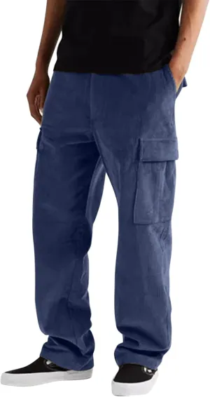 Men's Corduroy Pants Elastic Waist Drawstring Harem Pants Fashion Loose Casual Straight Long Trousers with Pockets