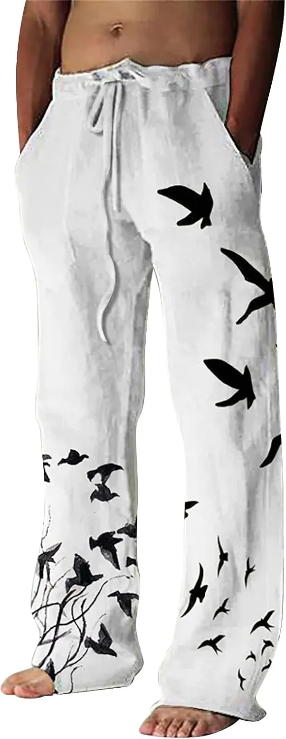 Men's Cotton Linen Pants Lightweight Straight Legs Yoga Beach Pants Elastic Waist Drawstring Casual Trouser Mens Cricket Pants