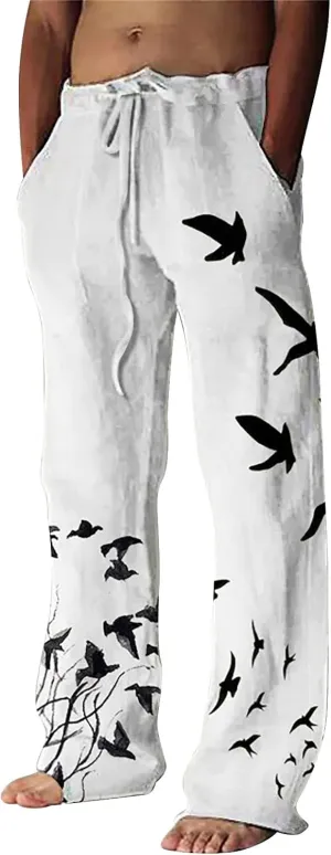 Men's Cotton Linen Pants Lightweight Straight Legs Yoga Beach Pants Elastic Waist Drawstring Casual Trouser Mens Cricket Pants