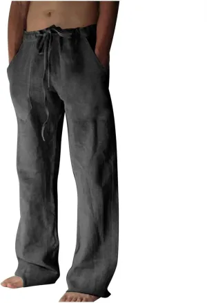 Mens Cotton Linen Pants Open Bottom Straight Leg Trousers Elastic Waist Casual Lounge Beach Yoga Joggers with Pockets