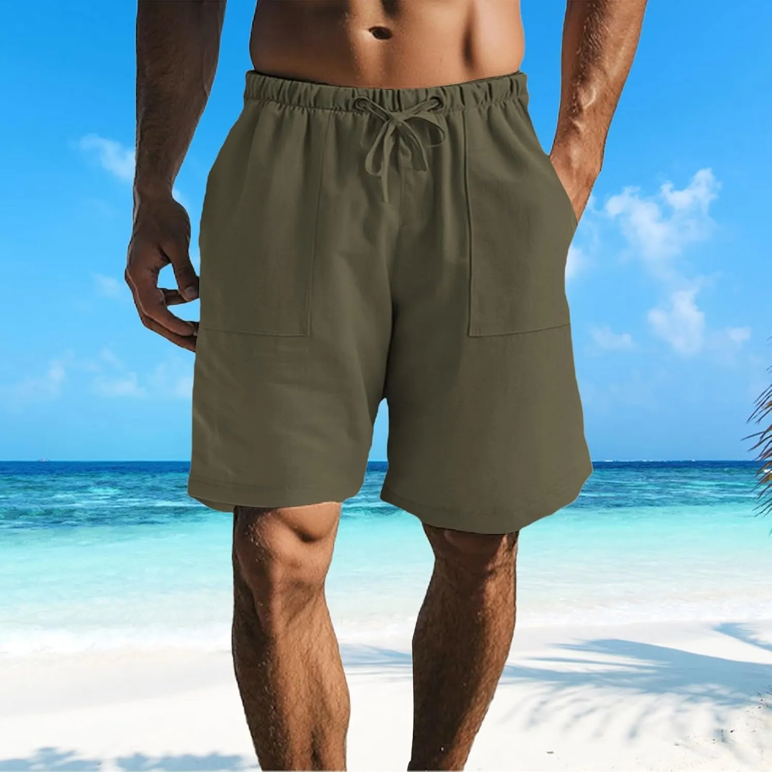Mens Cotton Linen Shorts Casual Loose Fit Drawstring Elastic Waist 7Inch Inseam Shorts Stretch Summer Beach Wear