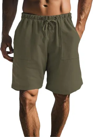 Mens Cotton Linen Shorts Casual Loose Fit Drawstring Elastic Waist 7Inch Inseam Shorts Stretch Summer Beach Wear