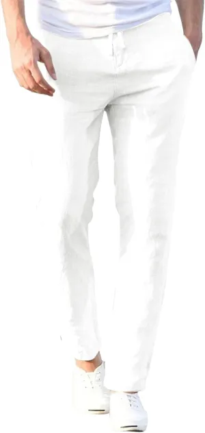 Men's Drawstring Linen Pant Elastic Waist Relaxed fit Casual Beach Trousers Mens Chinos Pants Khaki with Pockets