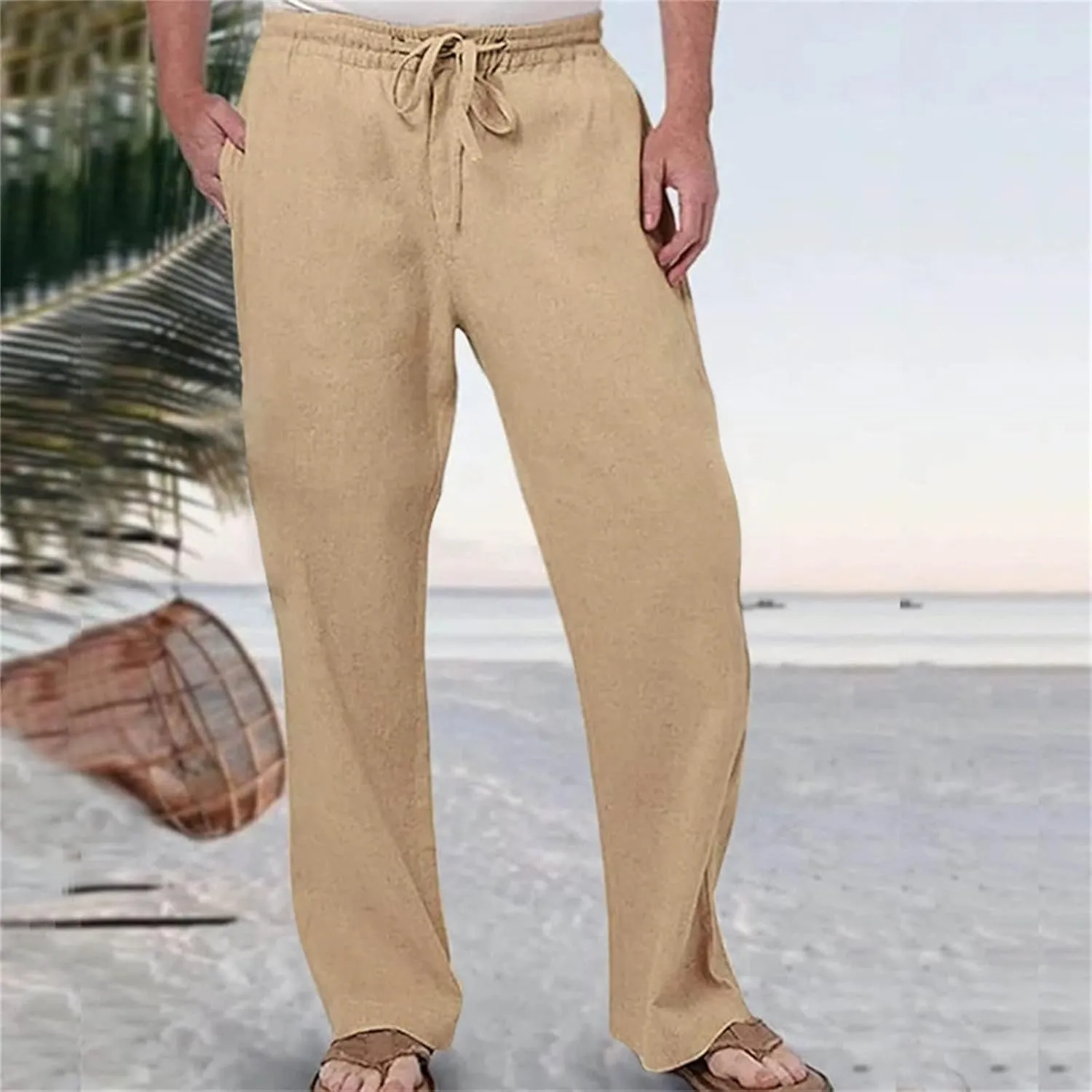 Men's Drawstring Linen Pants Beach Casual Elastic Waist Stylish Yoga Pants Summer Comfort Loose Trousers with Pockets