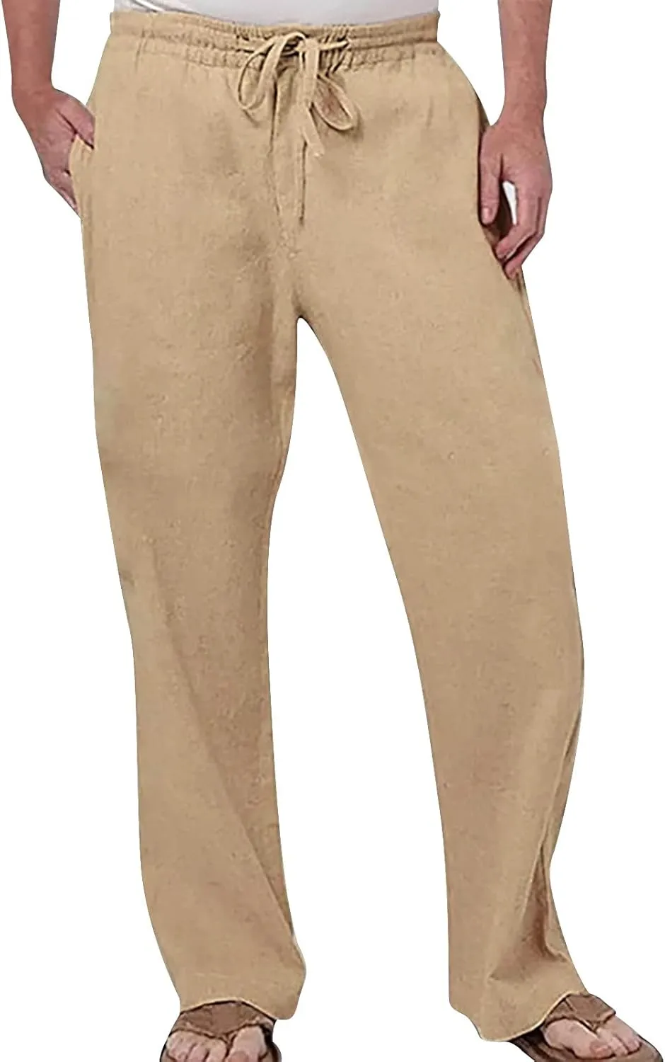 Men's Drawstring Linen Pants Beach Casual Elastic Waist Stylish Yoga Pants Summer Comfort Loose Trousers with Pockets