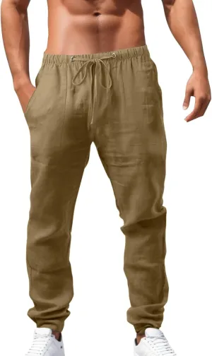 Men's Drawstring Linen Pants Casual Summer Holiday Yoga Pants Elastic Waist Comfy Vacation Soft Trousers with Pockets