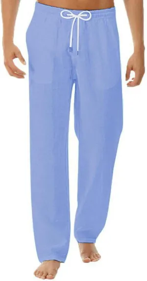 Mens Linen Beach Pants Lightweight Trousers Big and Tall Casual Lounge Drawstring Solid Color Pants with Pockets