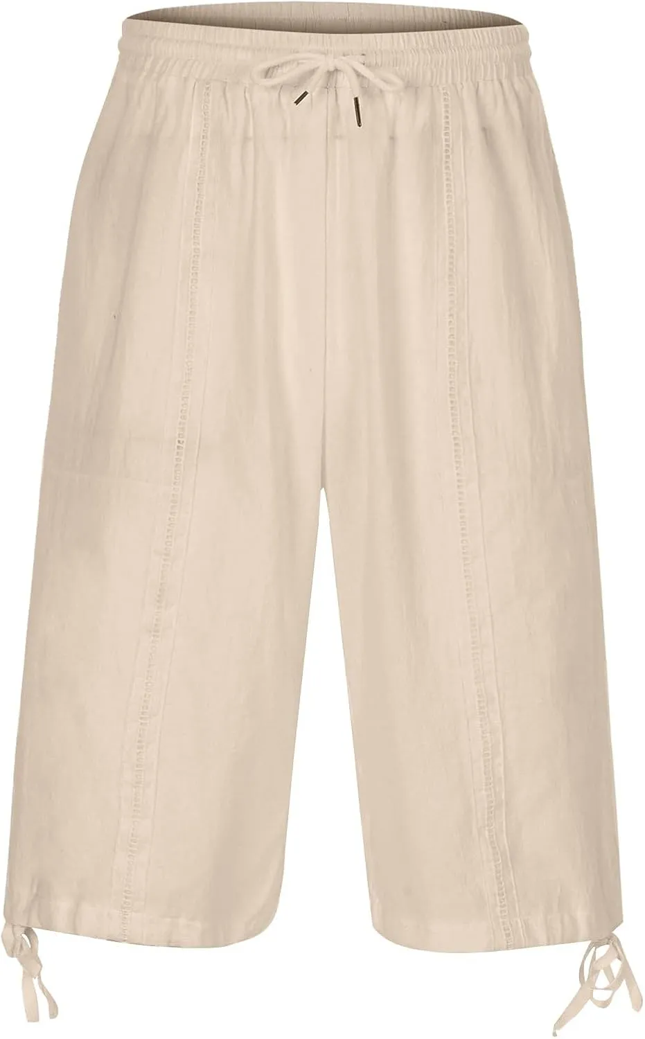 Men's Linen Capri Shorts Casual Baggy Knee Length 3/4 Pants Summer Drawstring Beach Pants Lounge Shorts with Pockets