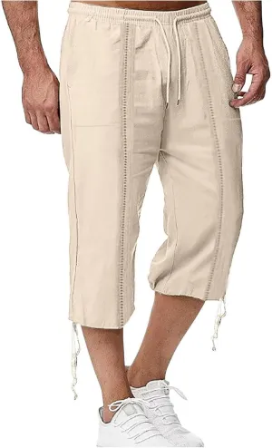 Men's Linen Capri Shorts Casual Baggy Knee Length 3/4 Pants Summer Drawstring Beach Pants Lounge Shorts with Pockets