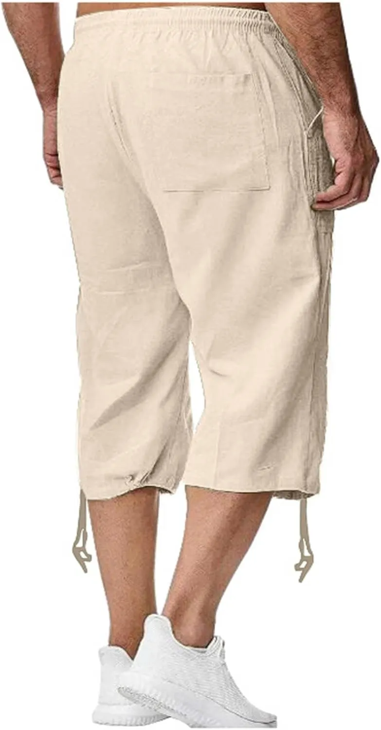 Men's Linen Capri Shorts Casual Baggy Knee Length 3/4 Pants Summer Drawstring Beach Pants Lounge Shorts with Pockets
