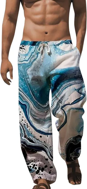 Men's Linen Cotton Pants Casual Summer Printed Loose Drawstring Elastic Waist Pants Loose Besch Trousers with Pockets