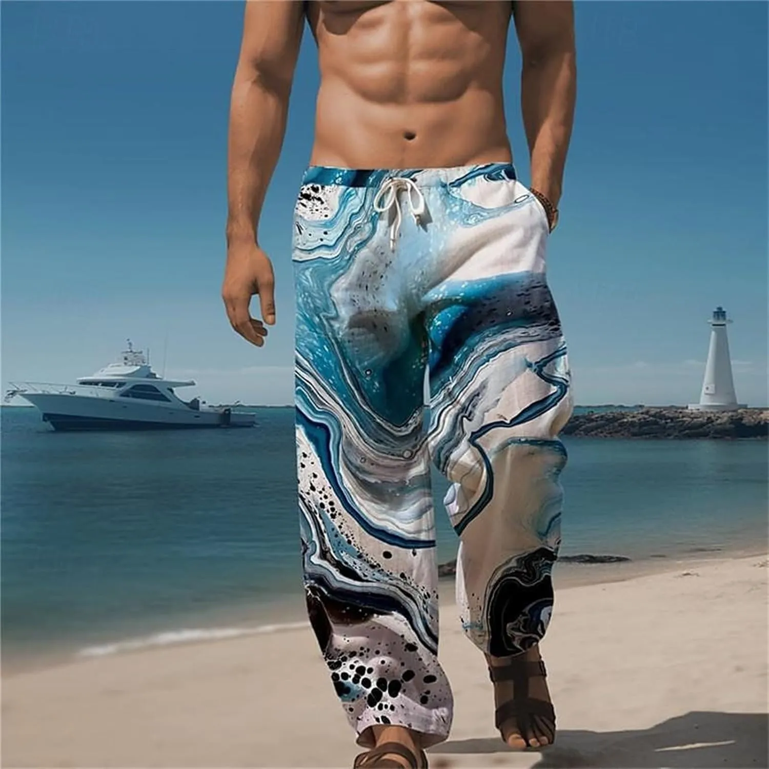Men's Linen Cotton Pants Casual Summer Printed Loose Drawstring Elastic Waist Pants Loose Besch Trousers with Pockets