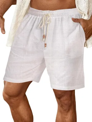 Men's Linen Flat Front Shorts Casual Elastic Waist Drawstring Summer Beach Shorts with Pockets
