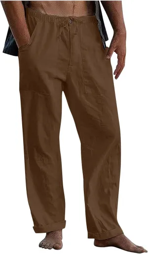 Mens Linen Pants Casual Loose Elastic Waist Summer Beach Trousers Baggy Drawstring Vacation Pants with Pockets