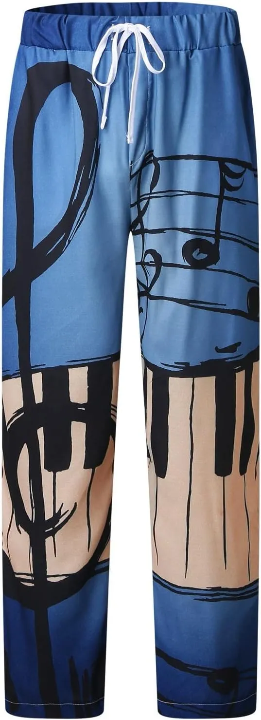 Mens Linen Pants Casual Print Summer Beach Pants Elastic Wasist Drawstring Pants with Pockets Straight Fit Trousers