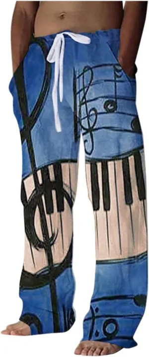 Mens Linen Pants Casual Print Summer Beach Pants Elastic Wasist Drawstring Pants with Pockets Straight Fit Trousers