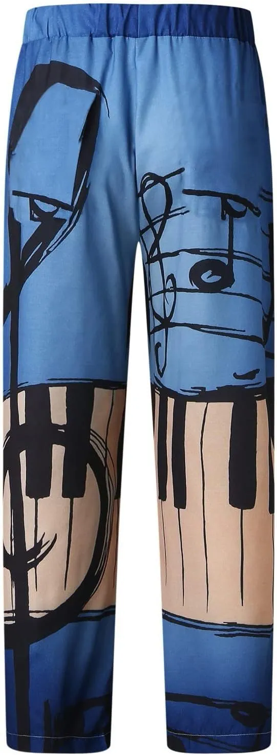 Mens Linen Pants Casual Print Summer Beach Pants Elastic Wasist Drawstring Pants with Pockets Straight Fit Trousers
