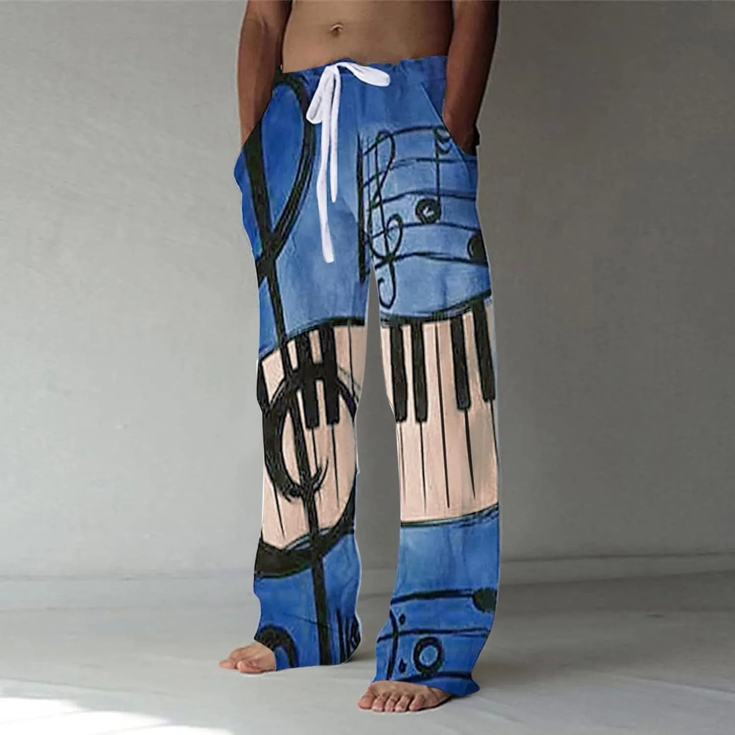 Mens Linen Pants Casual Print Summer Beach Pants Elastic Wasist Drawstring Pants with Pockets Straight Fit Trousers