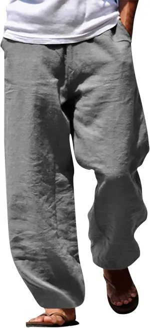 Mens Linen Pants Yoga Beach Travel Loose Casual Summer Elastic Waist Drawstring Baggy Lounge Trousers with Pockets