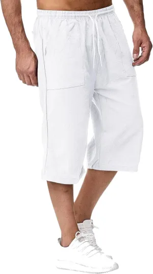 Mens Linen Shorts Casual Loose Cotton Cropped Pants Elastic Waist Drawstring Summer Classic Beach Shorts with Pockets