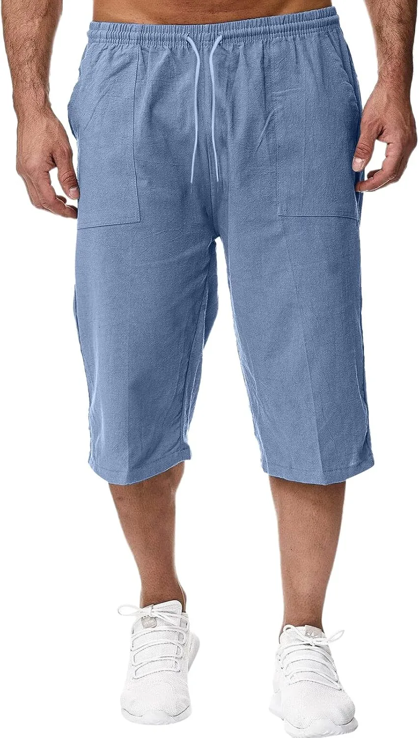 Mens Linen Shorts Casual Loose Cotton Cropped Pants Elastic Waist Drawstring Summer Classic Beach Shorts with Pockets