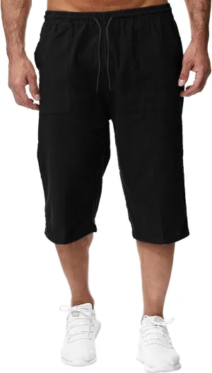 Mens Linen Shorts Casual Loose Cotton Cropped Pants Elastic Waist Drawstring Summer Classic Beach Shorts with Pockets